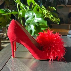 Sam Edelman red suede pumps with feather pom detail